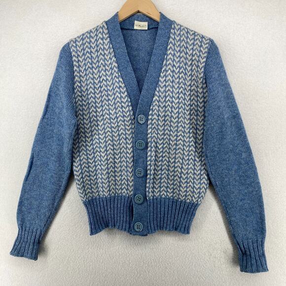 DACRON Sweater Womens M Cardigan Shetland Chevron Button Front Blue ENGLAND Vtg - Picture 1 of 11